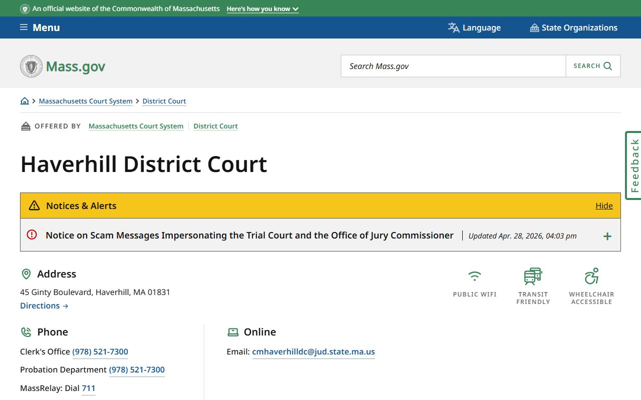Essex County Haverhill District Court official location page