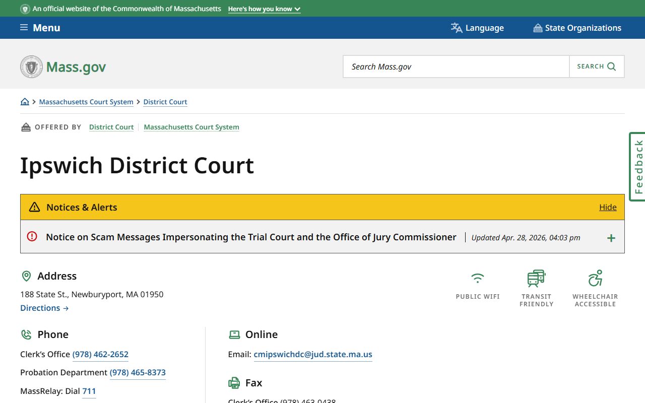 Essex County Ipswich District Court official location page