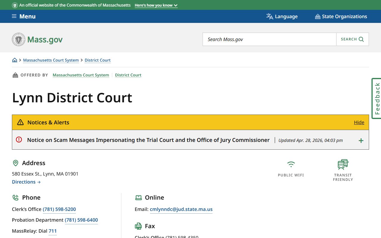 Essex County Lynn District Court official location page