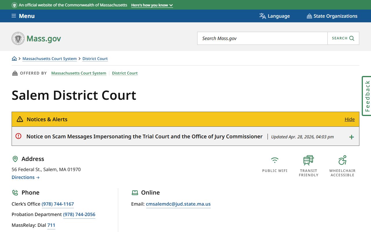 Essex County Salem District Court official location page