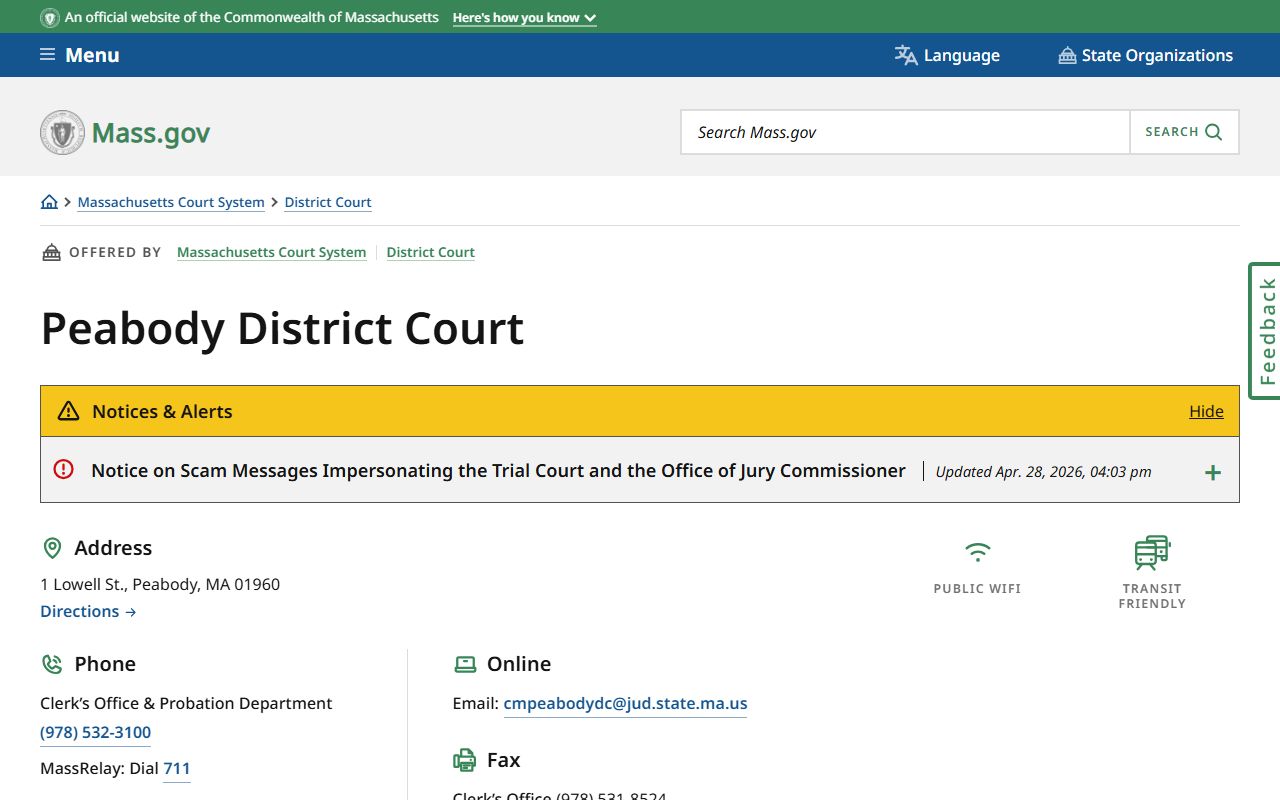 Essex County Peabody District Court where traffic court records are maintained for south Essex County
