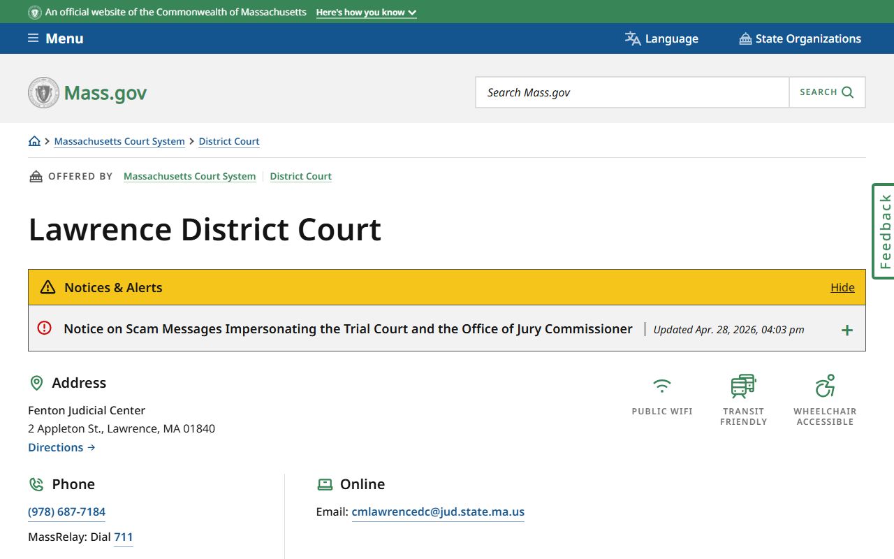 Essex County Lawrence District Court official location page