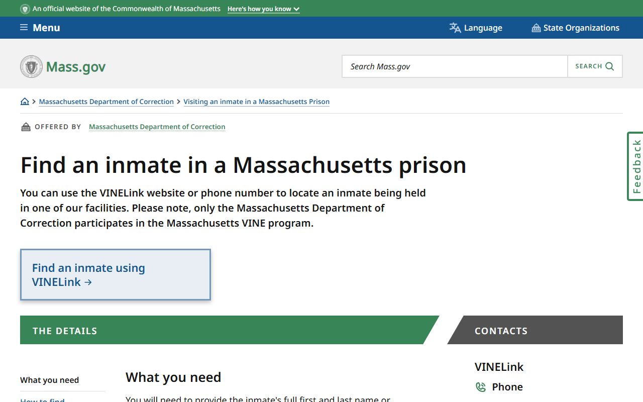 Essex County inmate search via Massachusetts DOC locator guide
