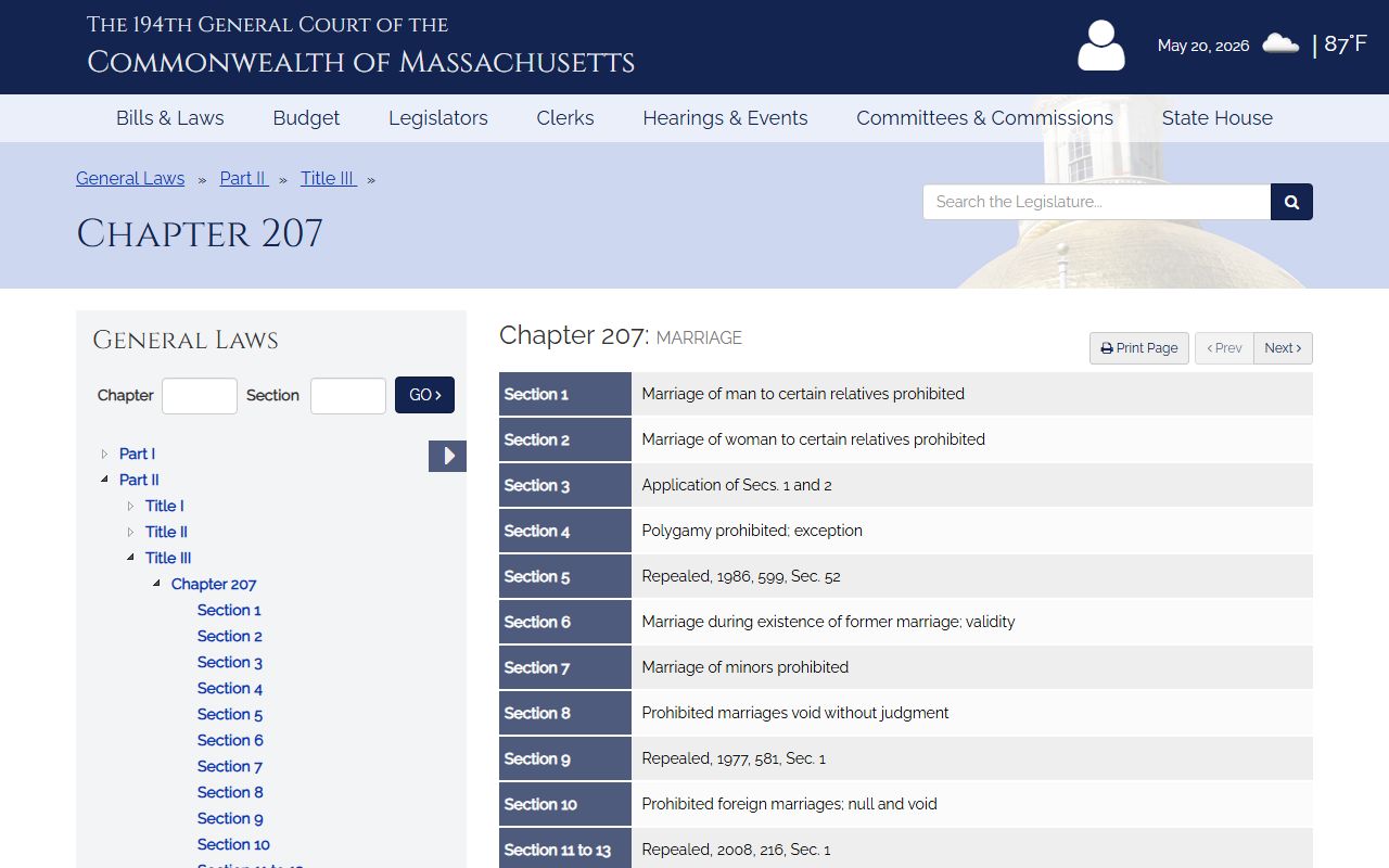 Essex County marriage records Massachusetts General Laws Chapter 207