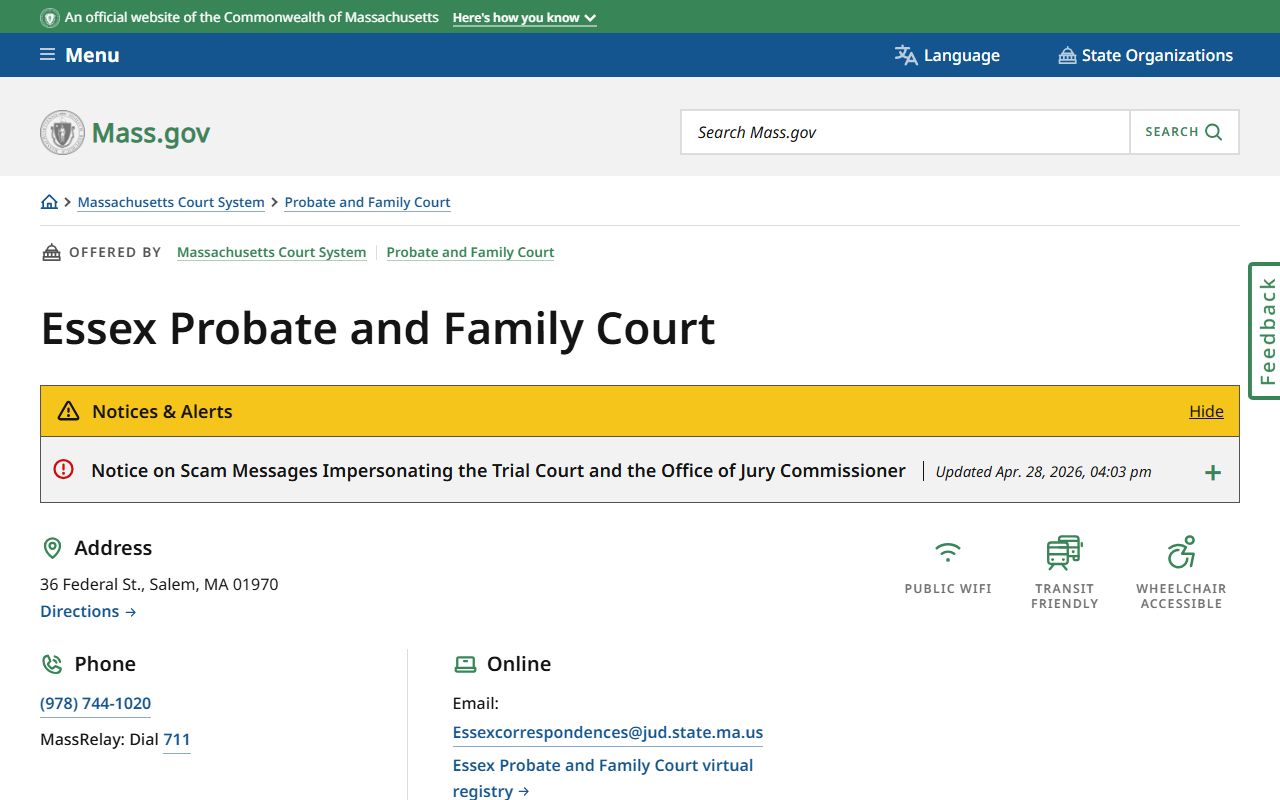Essex County Probate and Family Court records - Salem courthouse location page