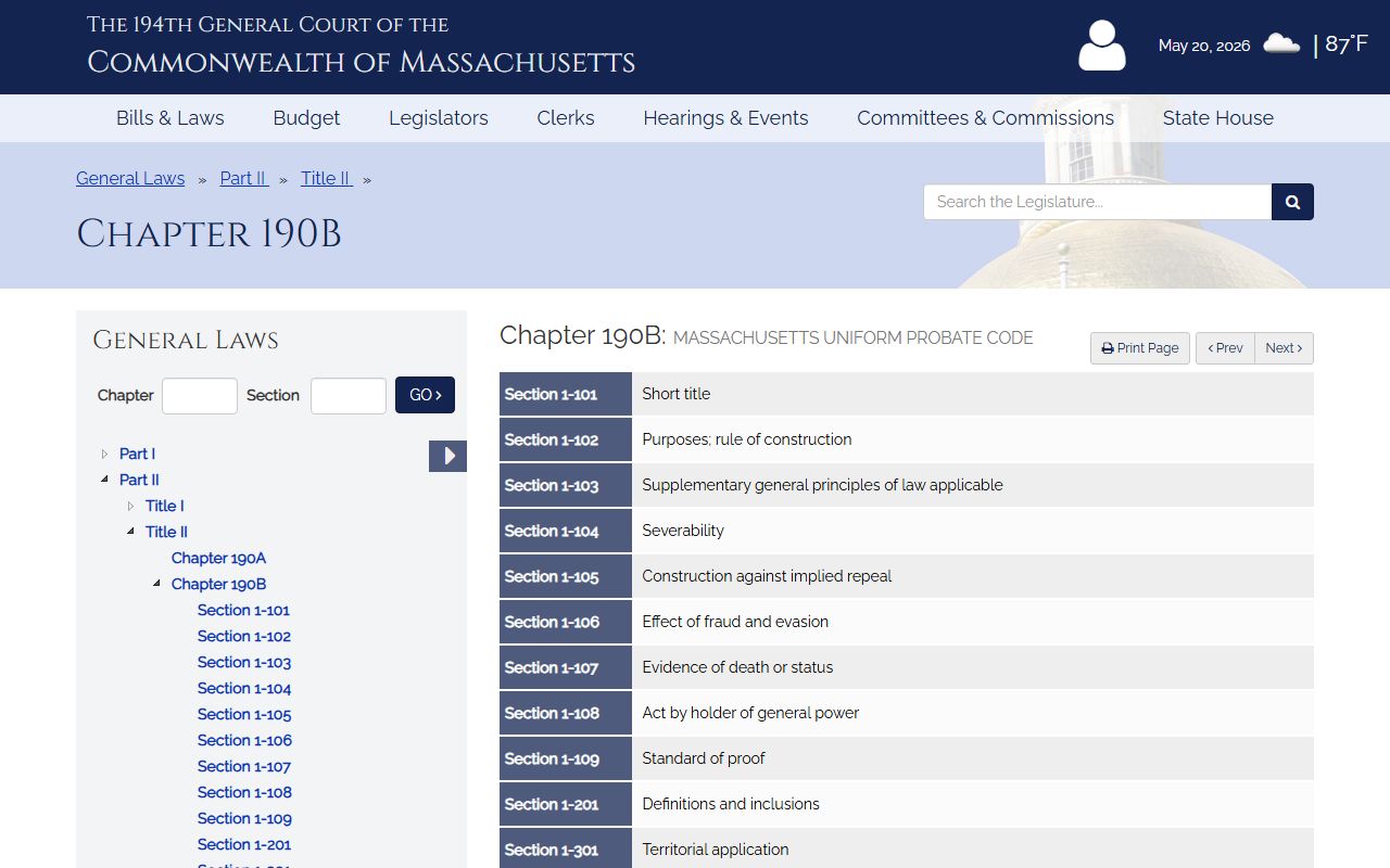 Massachusetts Uniform Probate Code chapter 190B - Essex County probate records statute