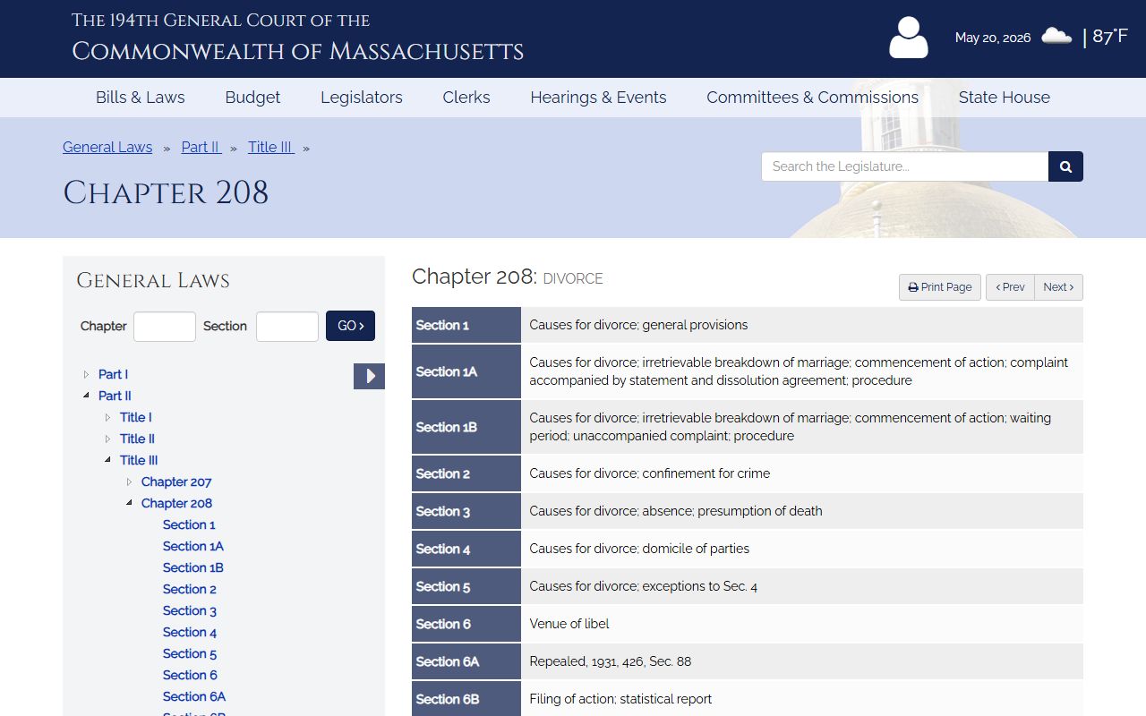 Essex County divorce records Massachusetts General Laws Chapter 208