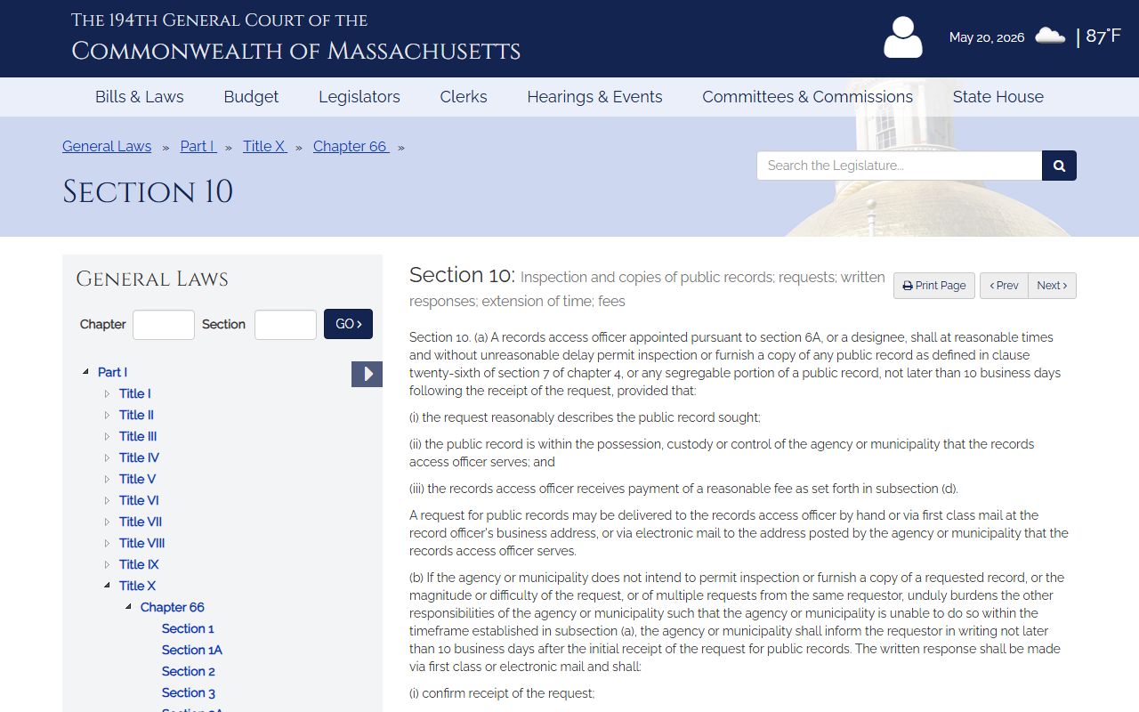 Essex County Massachusetts public records law statute at malegislature.gov