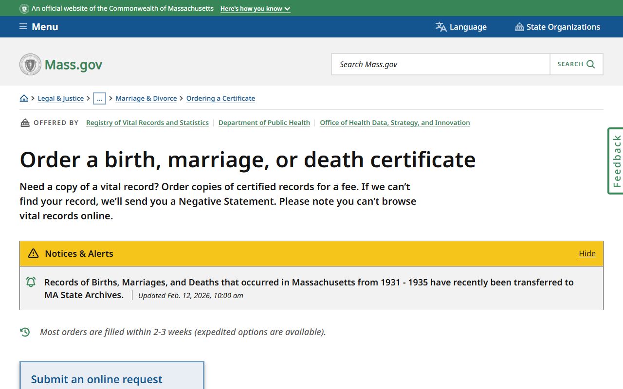 Essex County marriage and vital records certificate order page Massachusetts