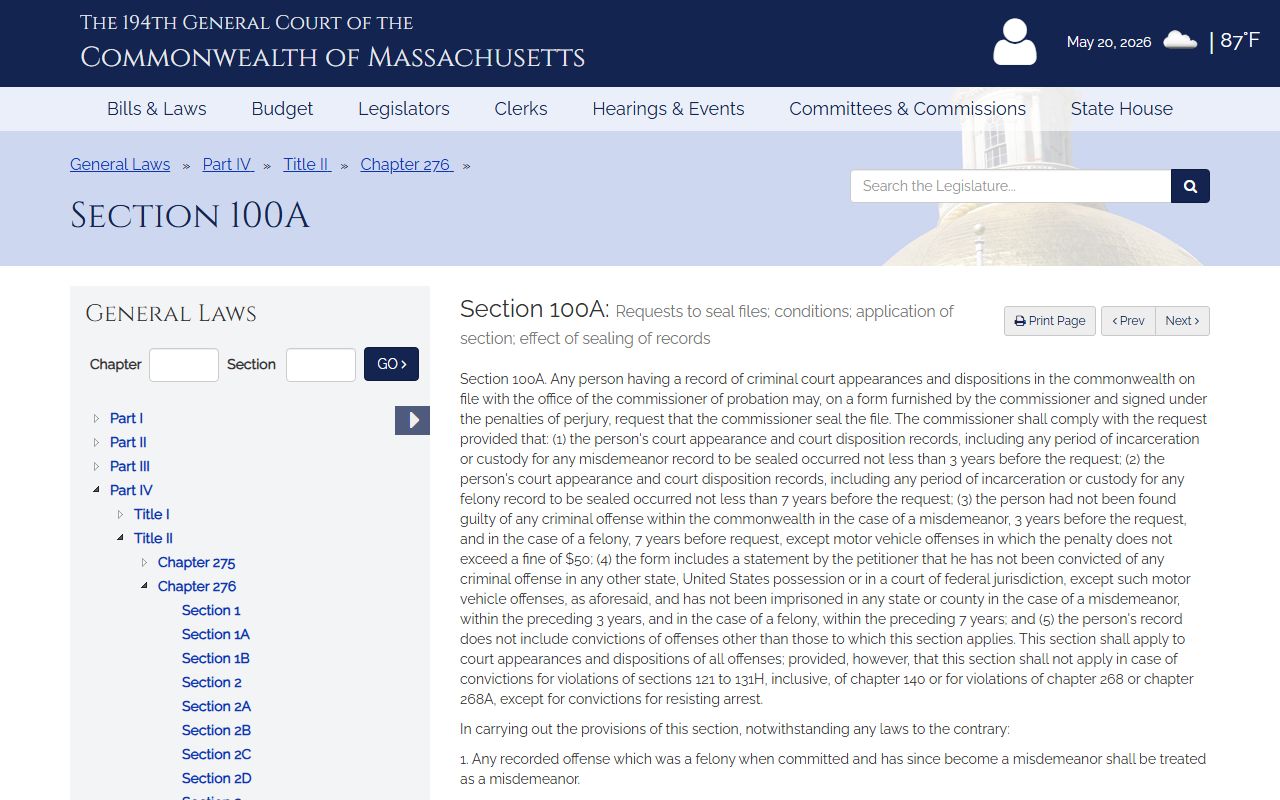 Essex County Massachusetts criminal record sealing statute M.G.L. c. 276 Section 100A