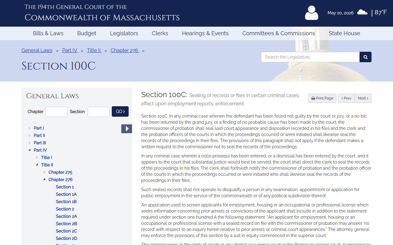 Essex County Massachusetts sealing of dismissed and not-guilty arrest records under Section 100C