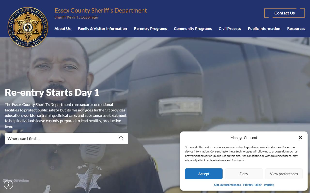 Essex County Sheriff site for jail and inmate records