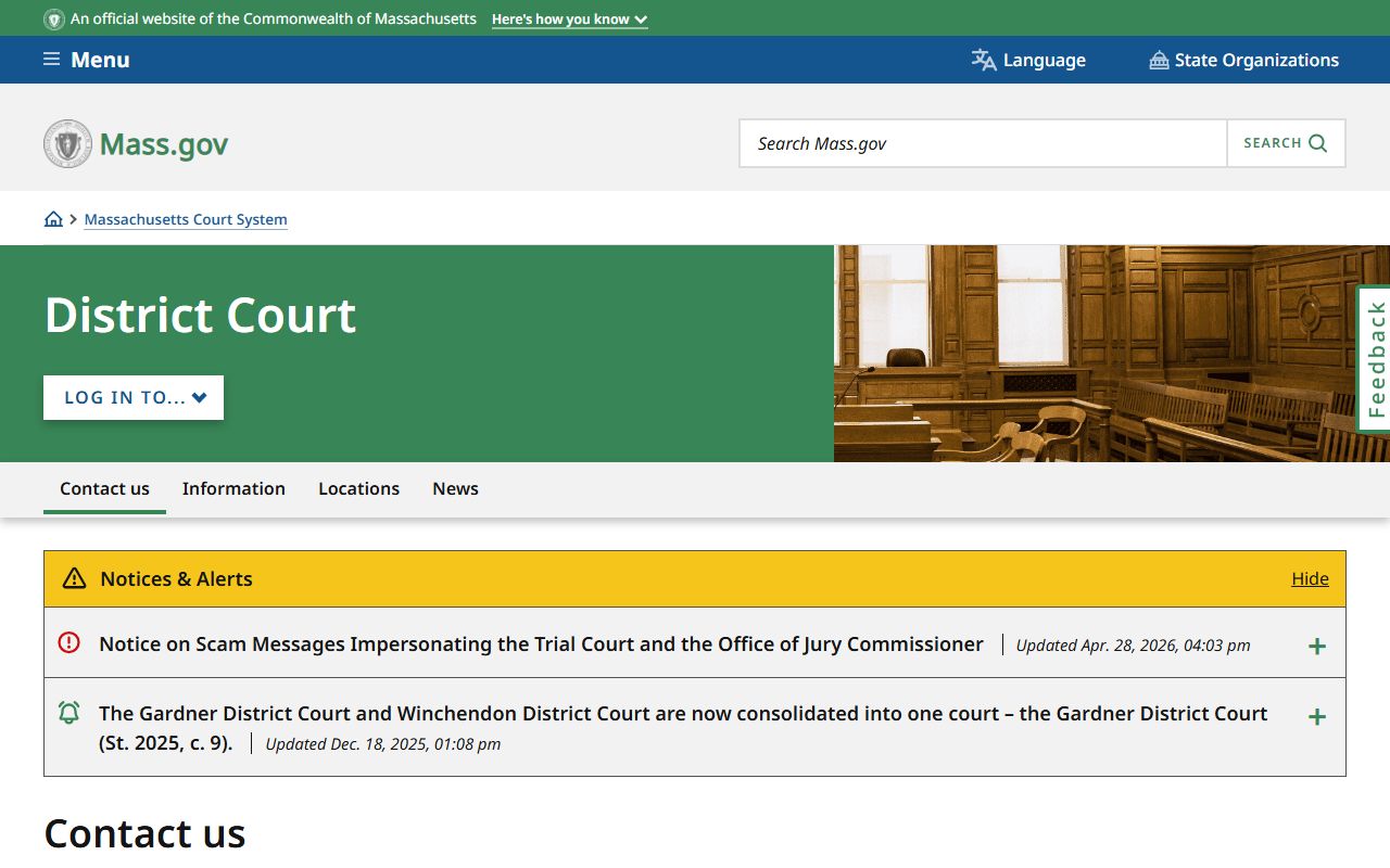 Essex County District Court department page for dockets and case records