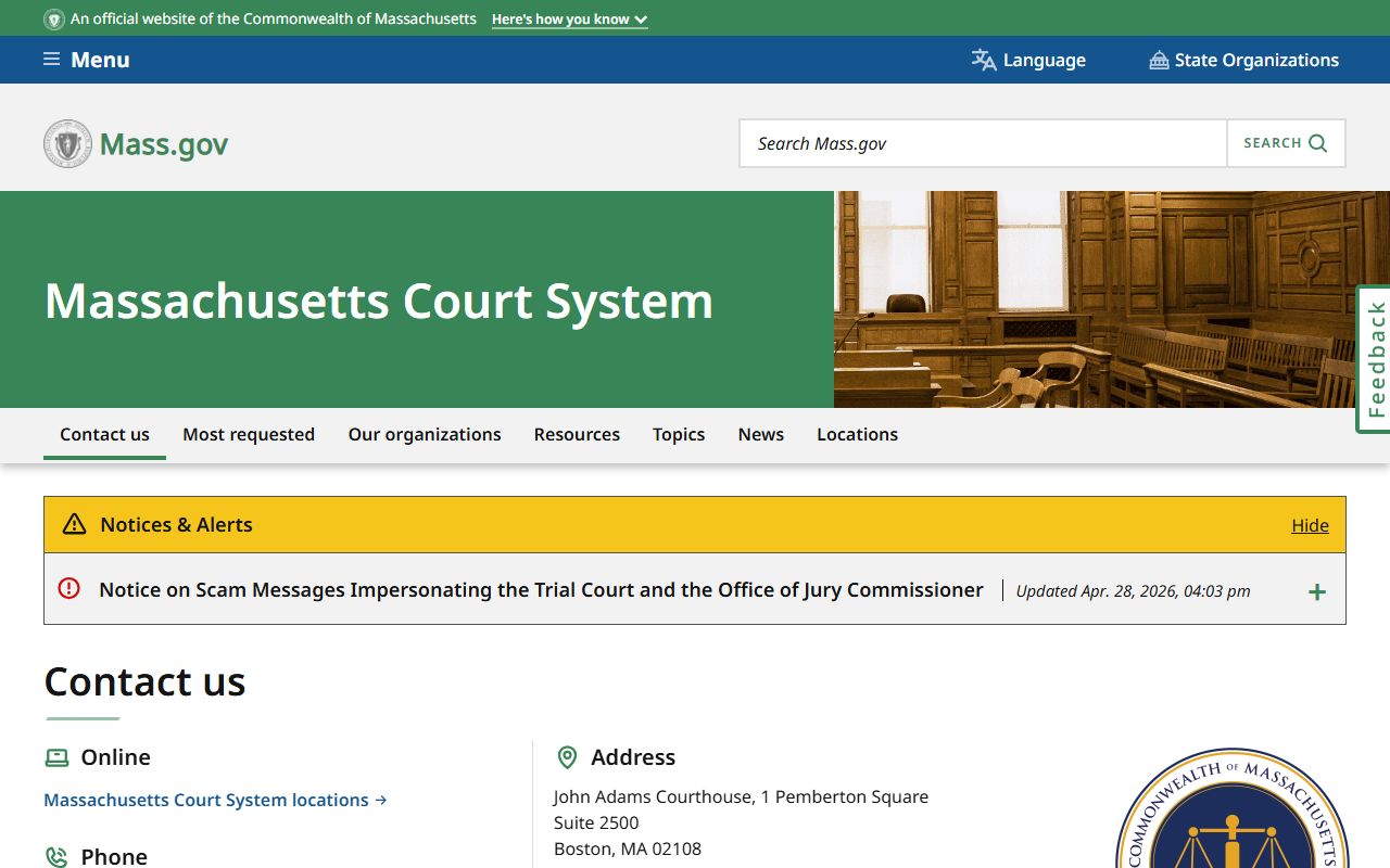 Massachusetts Court System landing page for Essex County court records