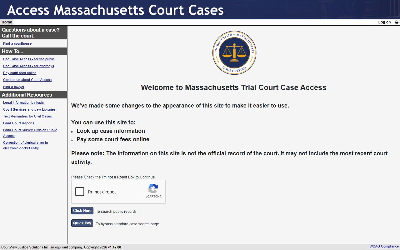 MassCourts portal for Essex County court records search